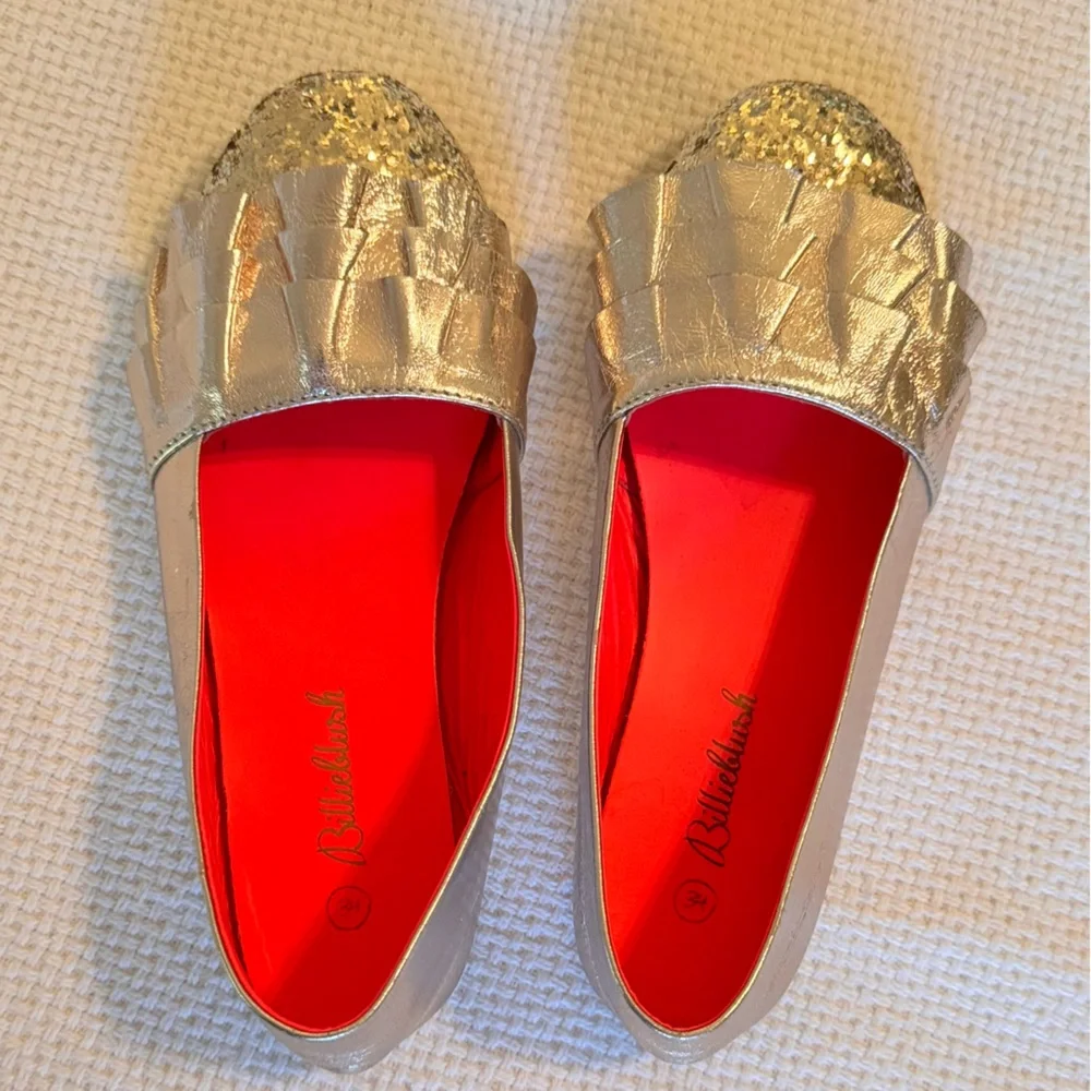 BILLIEBLUSH Girls Gold Glitter Flats w Ruffles Kids Shoes